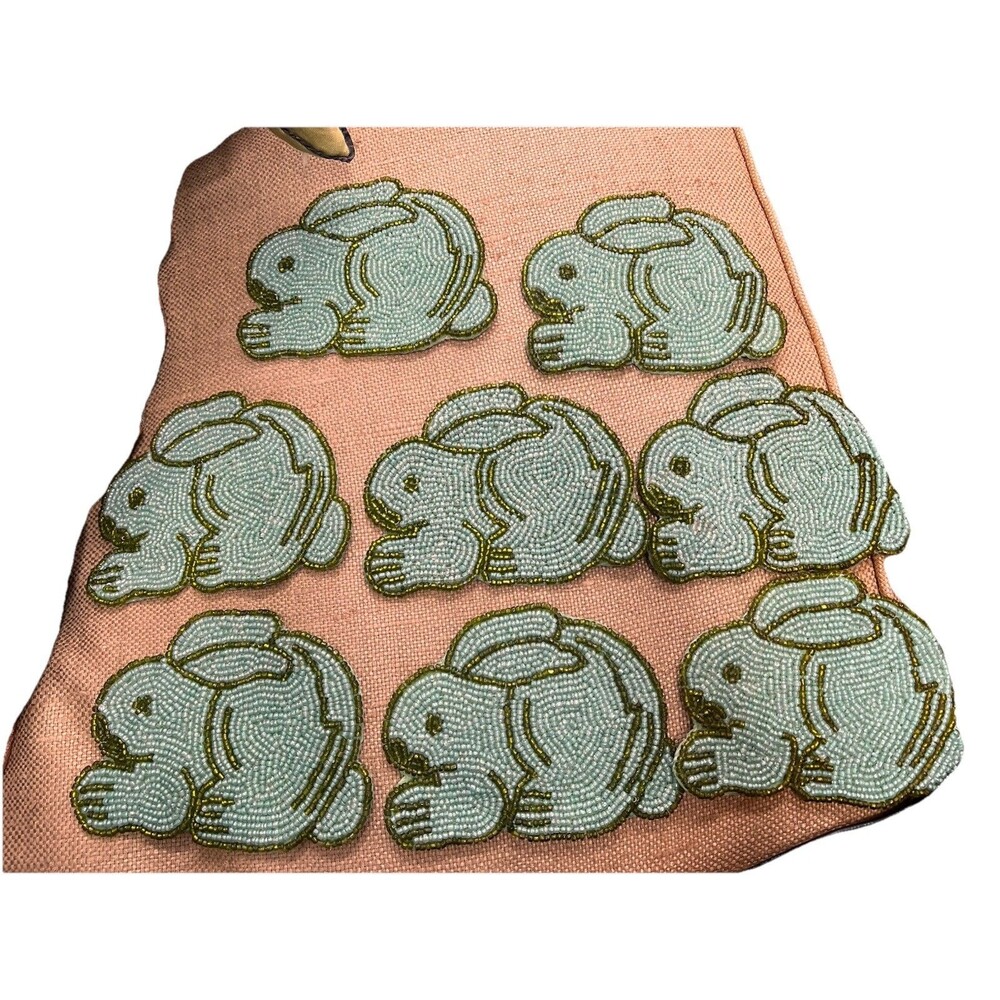 RLK By Leila’s Linen Hand Beaded Rabbit Coasters Green And Blue Made In India